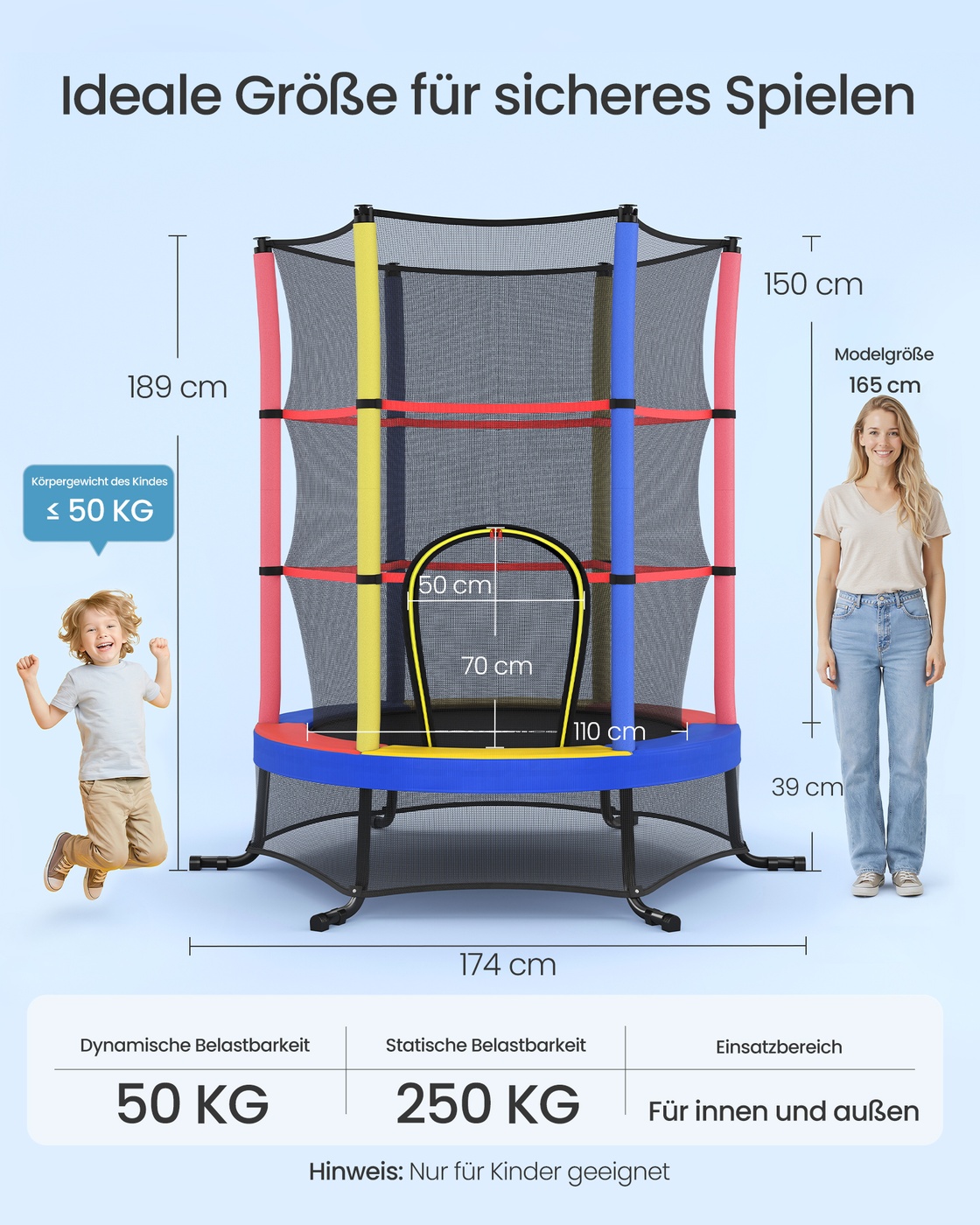 Trampolin til børn, 174 cm trampolin med sikkerhedsnet, kantbeskyttelse - Billede 6