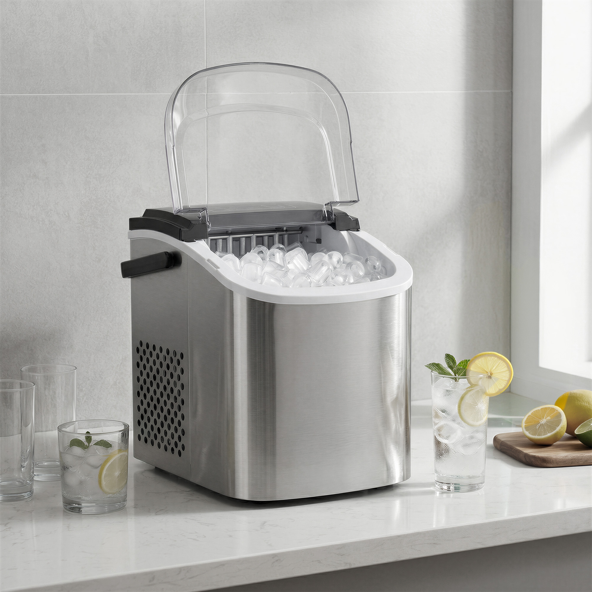Portable ice cube maker, self-cleaning ice cube machine, 2 cube sizes